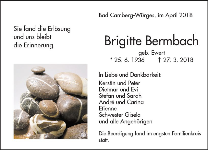  Traueranzeige für Brigitte Bermbach vom 19.04.2018 aus  Camberger Anzeiger