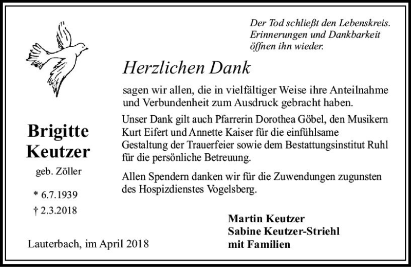  Traueranzeige für Brigitte Keutzer vom 21.04.2018 aus VRM Trauer