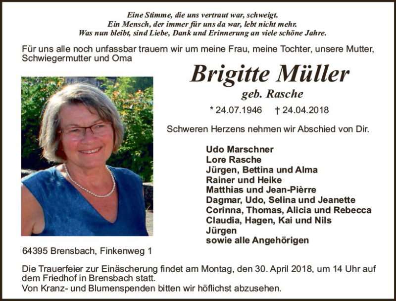  Traueranzeige für Brigitte Müller vom 28.04.2018 aus Trauerportal Rhein Main Presse