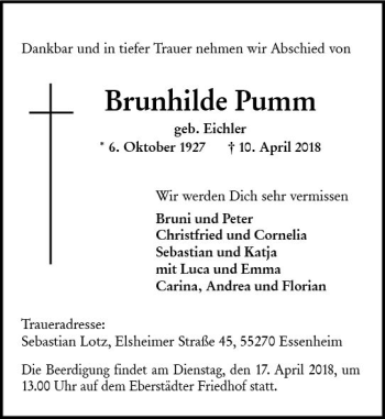 Traueranzeige von Brunhilde Pumm von Trauerportal Rhein Main Presse