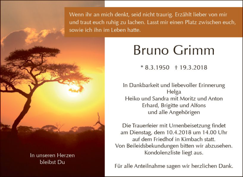 Traueranzeige für Bruno Grimm vom 06.04.2018 aus Trauerportal Rhein Main Presse