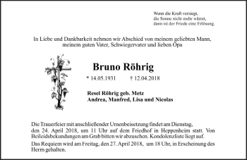 Traueranzeige von Bruno Röhrig von Trauerportal Rhein Main Presse
