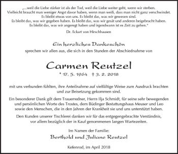Traueranzeige von Carmen Reutzel von  Kreisanzeiger