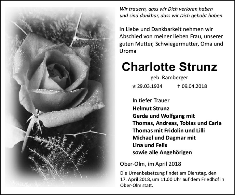  Traueranzeige für Charlotte Strunz vom 14.04.2018 aus Trauerportal Rhein Main Presse