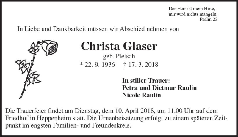  Traueranzeige für Christa Glaser vom 07.04.2018 aus Trauerportal Rhein Main Presse