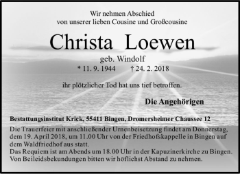 Traueranzeige von Christa Loewen von Trauerportal Rhein Main Presse