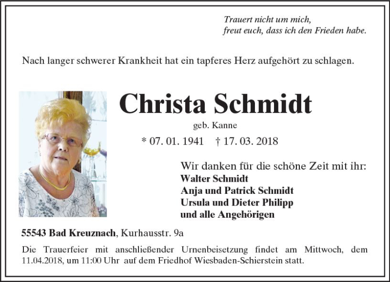  Traueranzeige für Christa Schmidt vom 07.04.2018 aus Trauerportal Rhein Main Presse