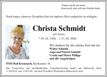 Traueranzeige von Christa Schmidt von Trauerportal Rhein Main Presse