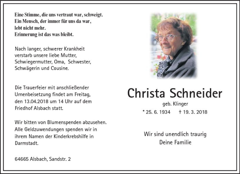  Traueranzeige für Christa Schneider vom 07.04.2018 aus Trauerportal Rhein Main Presse