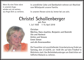 Traueranzeige von Christel Schollenberger von  Usinger Anzeiger