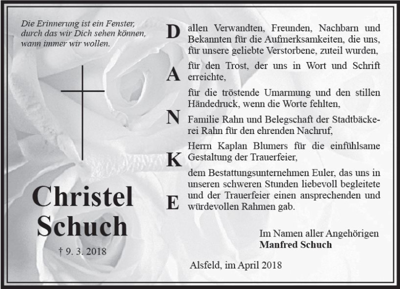  Traueranzeige für Christel Schuch vom 28.04.2018 aus VRM Trauer