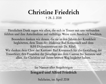 Traueranzeige von Christine Friedrich von Trauerportal Rhein Main Presse