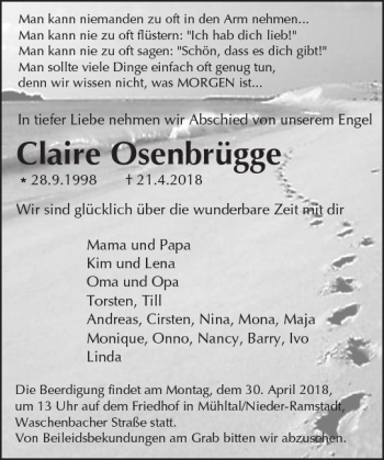 Traueranzeige von Claire Osenbrügge von Trauerportal Rhein Main Presse