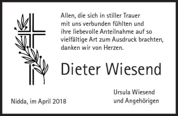 Traueranzeige von Dieter Wiesend von  Kreisanzeiger
