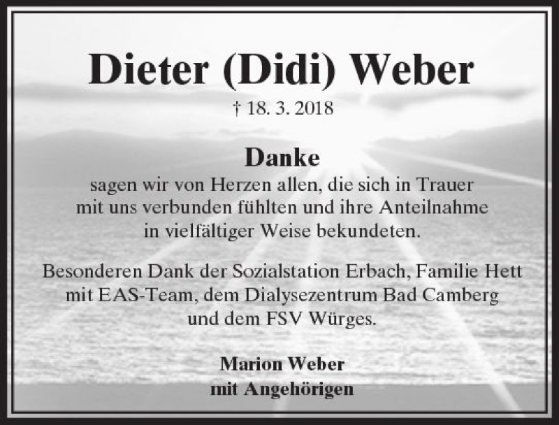  Traueranzeige für Dieter Didi Weber vom 12.04.2018 aus  Camberger Anzeiger