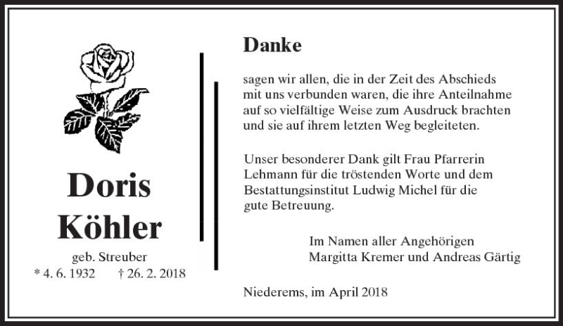  Traueranzeige für Doris Köhler vom 05.04.2018 aus  Camberger Anzeiger