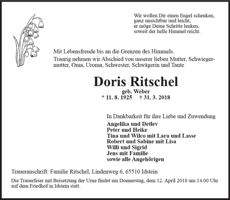  Traueranzeige für Doris Ritschel vom 07.04.2018 aus Trauerportal Rhein Main Presse
