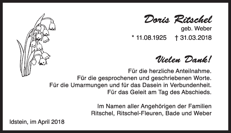  Traueranzeige für Doris Ritschel vom 21.04.2018 aus Trauerportal Rhein Main Presse