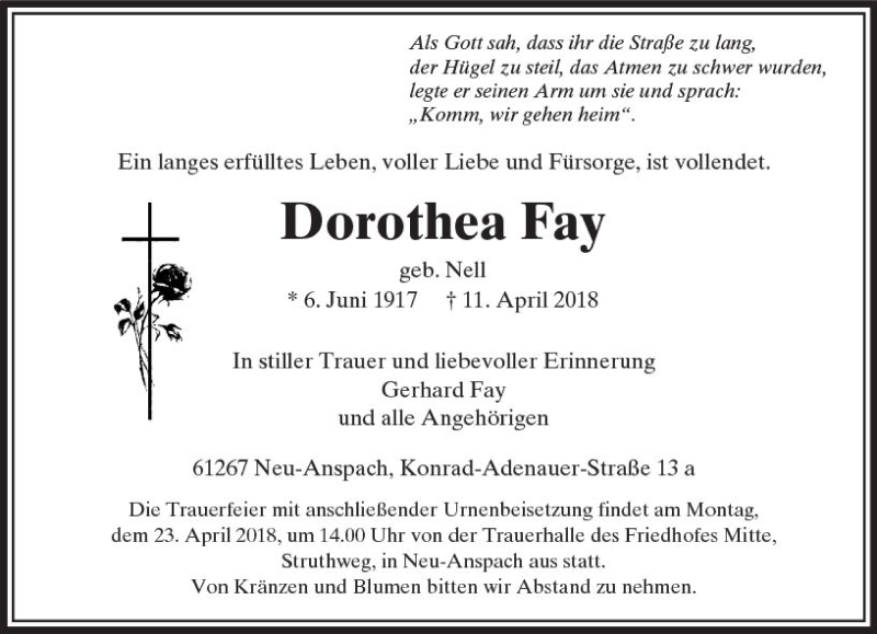  Traueranzeige für Dorothea Fay vom 14.04.2018 aus  Usinger Anzeiger