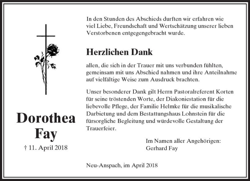 Traueranzeige für Dorothea Fay vom 28.04.2018 aus  Usinger Anzeiger