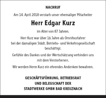 Traueranzeige von Edgar Kurz von Trauerportal Rhein Main Presse