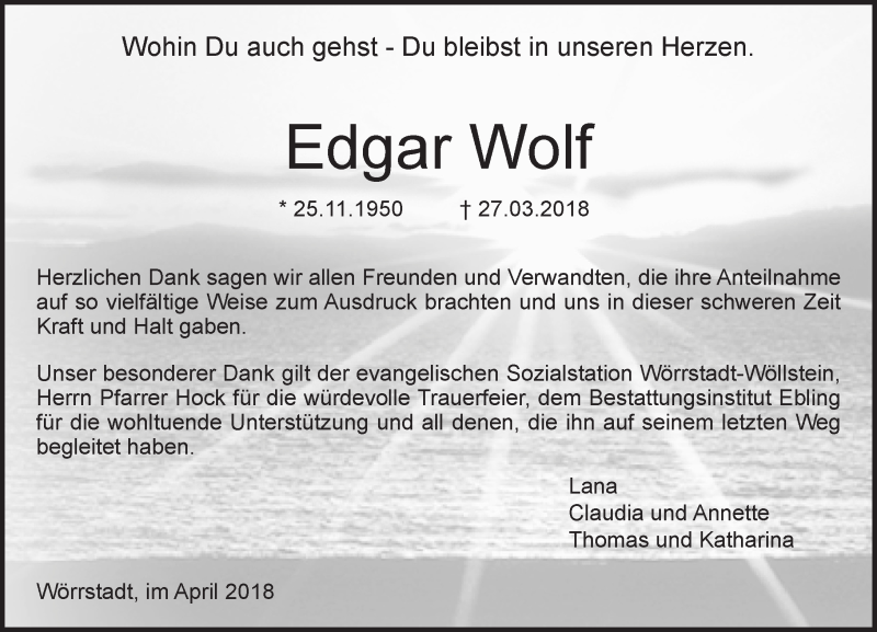  Traueranzeige für Edgar Wolf vom 21.04.2018 aus Trauerportal Rhein Main Presse