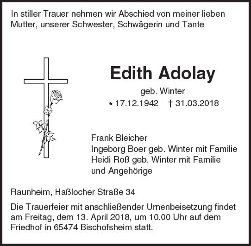  Traueranzeige für Edith Adolay vom 07.04.2018 aus Trauerportal Rhein Main Presse