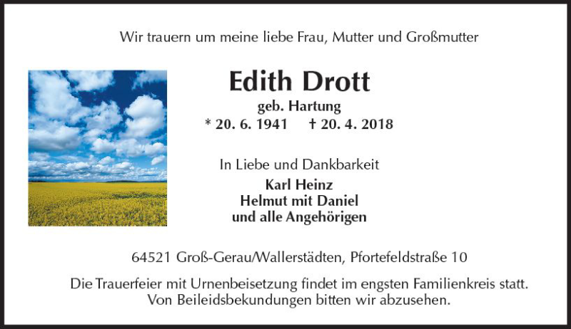  Traueranzeige für Edith Drott vom 28.04.2018 aus Trauerportal Rhein Main Presse