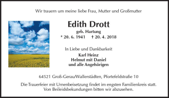 Traueranzeige von Edith Drott von Trauerportal Rhein Main Presse