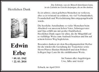 Traueranzeige von Edwin Erbe von  Camberger Anzeiger