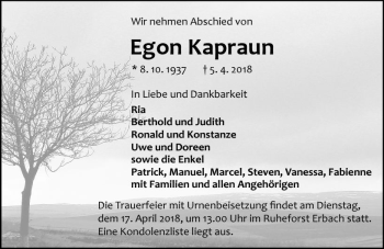 Traueranzeige von Egon Kapraun von Trauerportal Rhein Main Presse