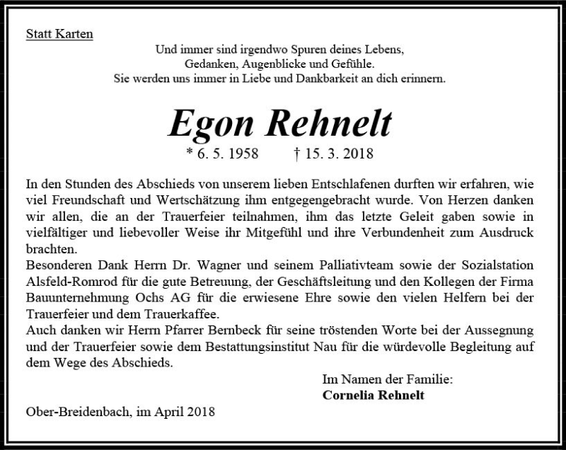  Traueranzeige für Egon Rehnelt vom 21.04.2018 aus VRM Trauer