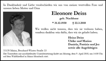 Traueranzeige von Eleonore Deiss von Trauerportal Rhein Main Presse