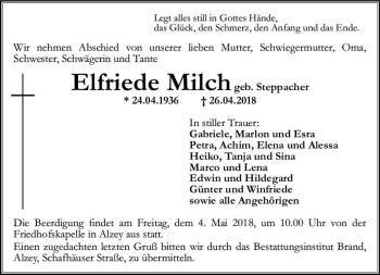 Traueranzeige von Elfriede Milch von Trauerportal Rhein Main Presse