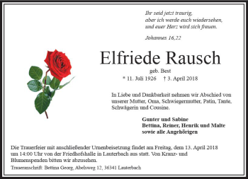 Traueranzeige von Elfriede Rausch von VRM Trauer