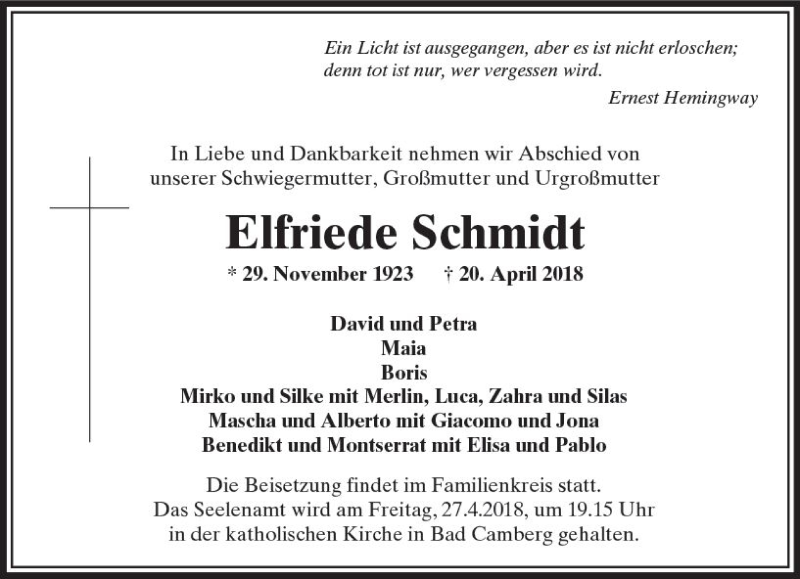  Traueranzeige für Elfriede Schmidt vom 26.04.2018 aus  Camberger Anzeiger