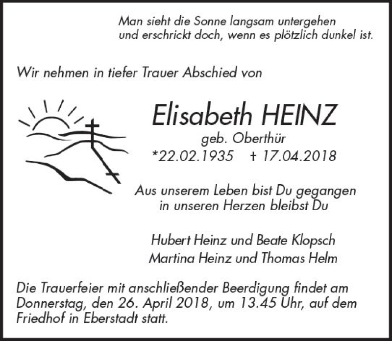  Traueranzeige für Elisabeth Heinz vom 21.04.2018 aus Trauerportal Rhein Main Presse