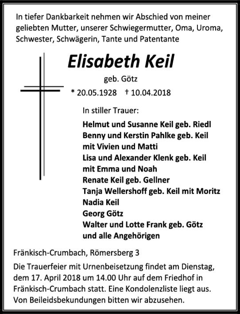  Traueranzeige für Elisabeth Keil vom 14.04.2018 aus Trauerportal Rhein Main Presse