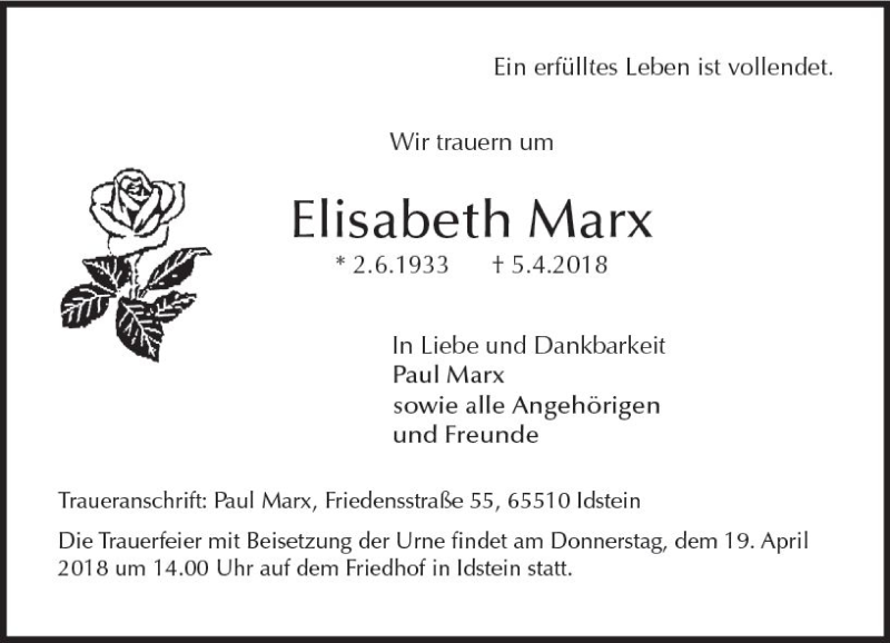  Traueranzeige für Elisabeth Marx vom 14.04.2018 aus Trauerportal Rhein Main Presse