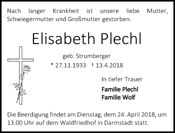 Traueranzeige von Elisabeth Plechl von Trauerportal Rhein Main Presse