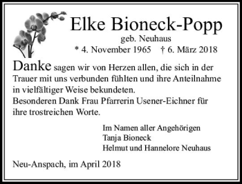Traueranzeige von Elke Bioneck-Popp von  Usinger Anzeiger
