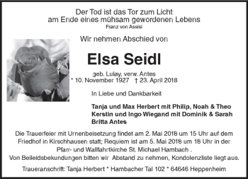 Traueranzeige von Elsa Seidl von Trauerportal Rhein Main Presse