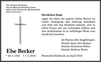 Traueranzeige von Else Becker von  Gießener Anzeiger