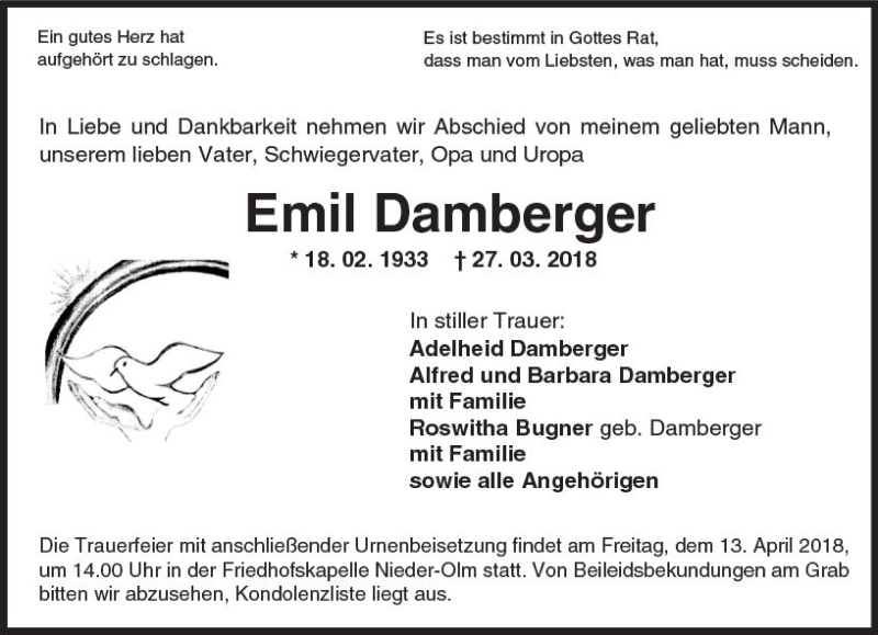  Traueranzeige für Emil Damberger vom 07.04.2018 aus Trauerportal Rhein Main Presse