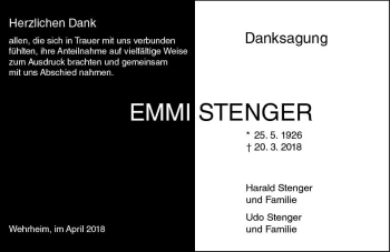 Traueranzeige von Emmi Stenger von  Usinger Anzeiger