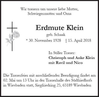Traueranzeige von Erdmute Klein von Trauerportal Rhein Main Presse
