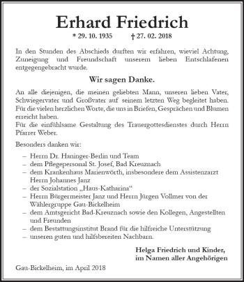 Traueranzeige von Erhard Friedrich von Trauerportal Rhein Main Presse
