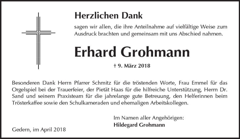  Traueranzeige für Erhard Grohmann vom 07.04.2018 aus  Kreisanzeiger