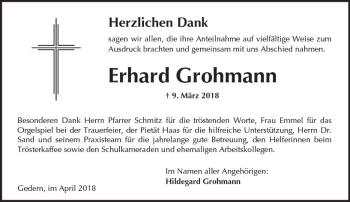 Traueranzeige von Erhard Grohmann von  Kreisanzeiger