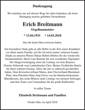 Traueranzeige von Erich Breitmann von Trauerportal Rhein Main Presse